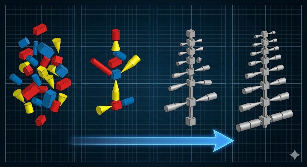 Diagram showing the evolutionary progression of antenna design using primitive geometric shapes (cuboids, cylinders, cones) from a random jumble to an organized LPDA structure.