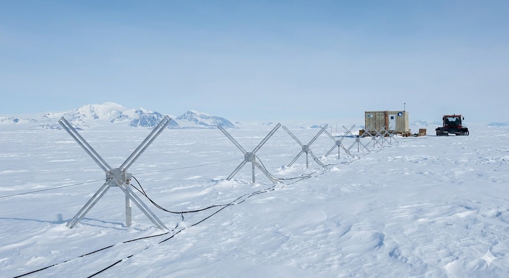 A distributed antenna array observatory deployed on a snowy Antarctic ice sheet with mountains in the background.